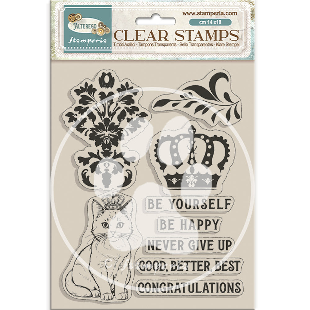 Stamperia - Acrylic Clear Stamp 14x18cm -  crown and cat