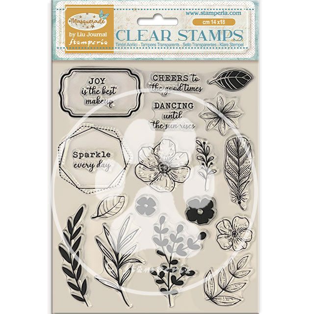 Stamperia - Acrylic Clear Stamp 14x18cm - Masquerade feathers & leaves