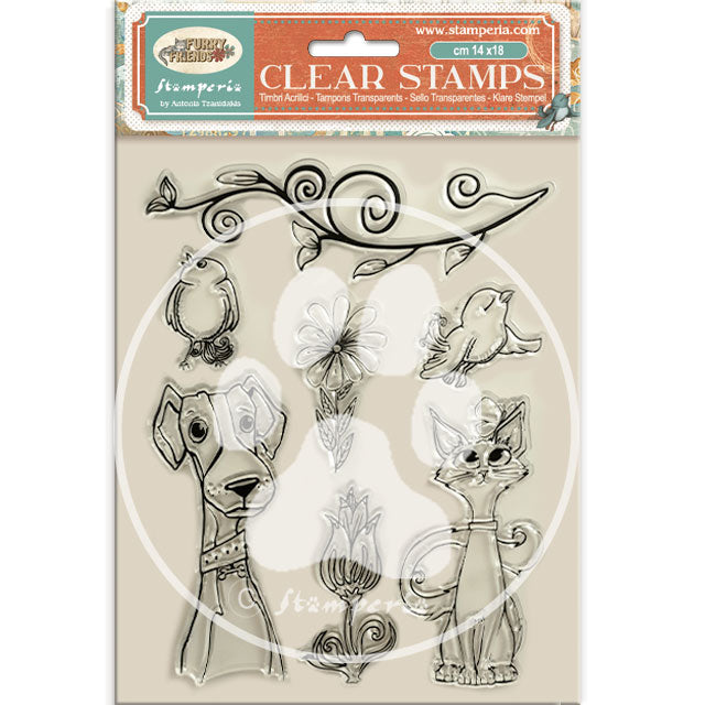 Stamperia - Acrylic Clear Stamp 14x18cm -Furry Friends dog, cat and flowers
