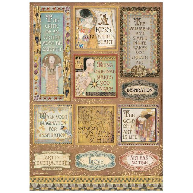 Stamperia  - Rice Paper -  21cm x 29.7cm - Klimt  - Quotes and Labels