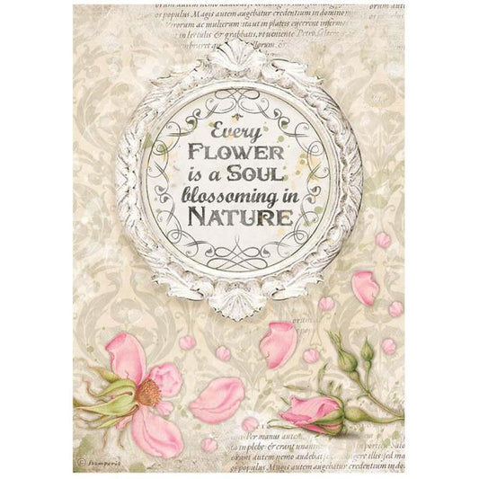 Stamperia  - Rice Paper -  21cm x 29.7cm - A4 -  Romantic Garden House Frame with Quote
