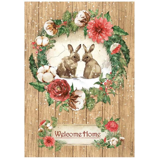Stamperia  - Rice Paper -  21cm x 29.7cm - A4 -Romantic - Home for the Holidays - Welcome home bunnies