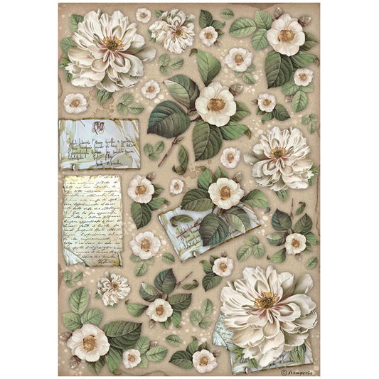 Stamperia  - Rice Paper -  21cm x 29.7cm - A4 - Vintage Library flowers and letters