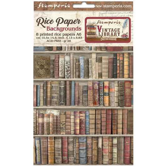 Stamperia  - Pack of 8 Rice papers -  4.14cm x 5.83 cm - A6 -  Vintage Library